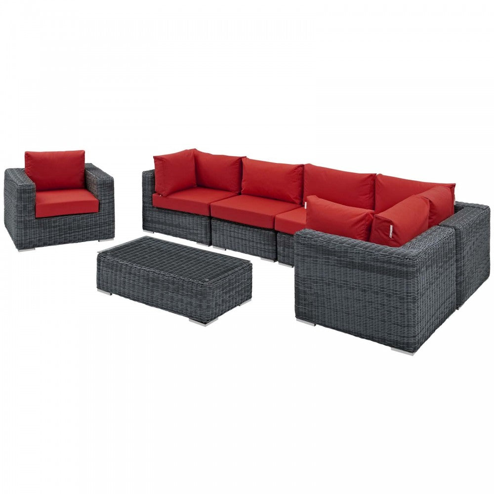 Summon 7 Piece Outdoor Patio Sunbrella Sectional Set, Canvas Red, EEI-1892-GRY-RED-SET