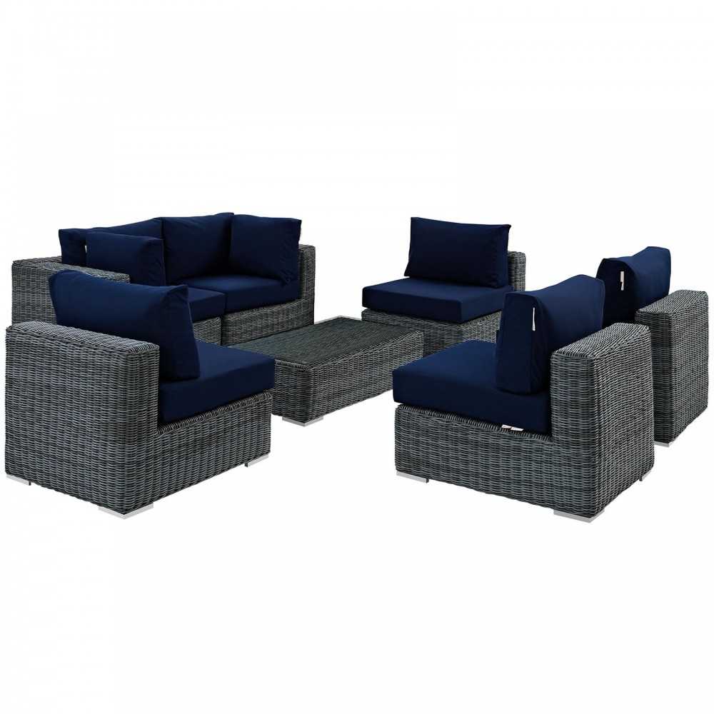 Summon 7 Piece Outdoor Patio Sunbrella Sectional Set, Canvas Navy, EEI-1897-GRY-NAV-SET