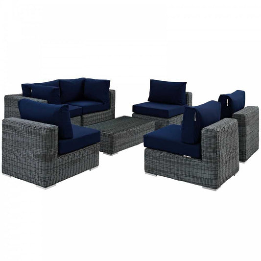 Summon 7 Piece Outdoor Patio Sunbrella Sectional Set, Canvas Navy, EEI-1897-GRY-NAV-SET