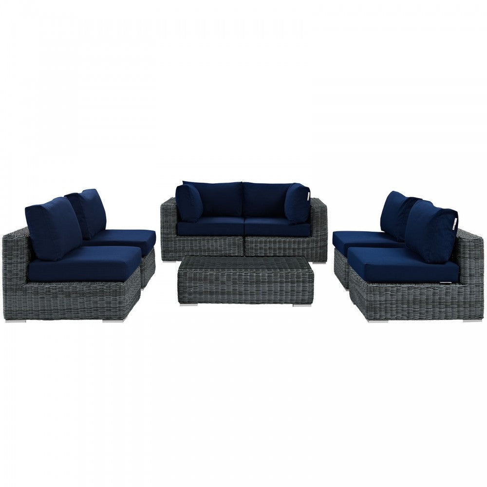 Summon 7 Piece Outdoor Patio Sunbrella Sectional Set, Canvas Navy, EEI-1897-GRY-NAV-SET