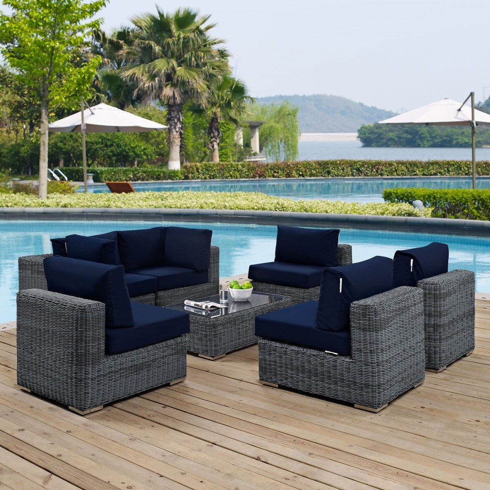 Summon 7 Piece Outdoor Patio Sunbrella Sectional Set, Canvas Navy, EEI-1897-GRY-NAV-SET