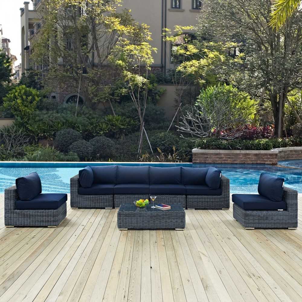 Summon 7 Piece Outdoor Patio Sunbrella Sectional Set, Canvas Navy, EEI-1897-GRY-NAV-SET