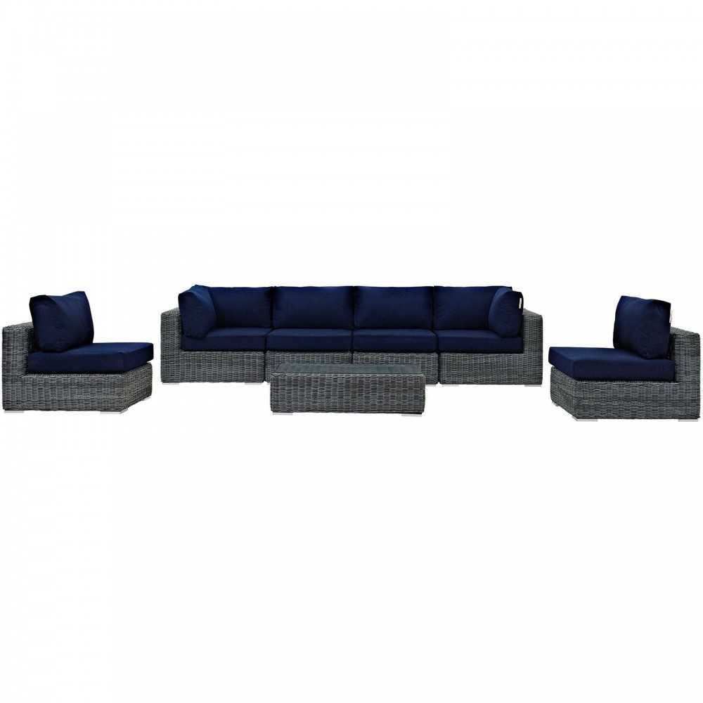 Summon 7 Piece Outdoor Patio Sunbrella Sectional Set, Canvas Navy, EEI-1897-GRY-NAV-SET