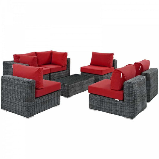 Summon 7 Piece Outdoor Patio Sunbrella Sectional Set, Canvas Red, EEI-1897-GRY-RED-SET