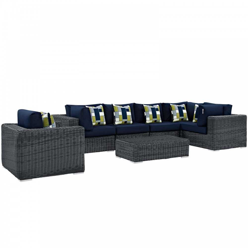 Summon 7 Piece Outdoor Patio Sunbrella Sectional Set, Canvas Navy, EEI-2387-GRY-NAV-SET