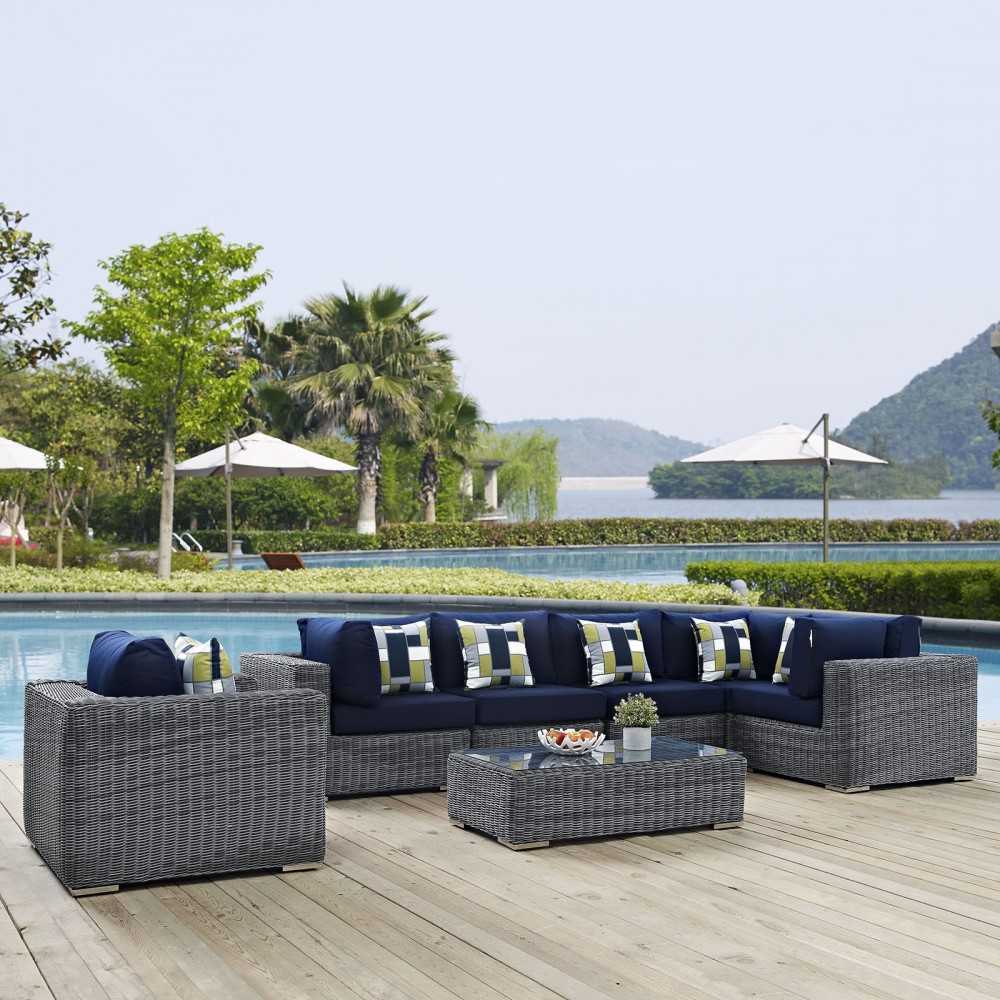 Summon 7 Piece Outdoor Patio Sunbrella Sectional Set, Canvas Navy, EEI-2387-GRY-NAV-SET