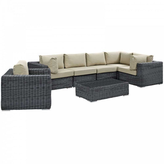 Summon 7 Piece Outdoor Patio Sunbrella Sectional Set, Canvas Antique Beige, EEI-1892-GRY-BEI-SET