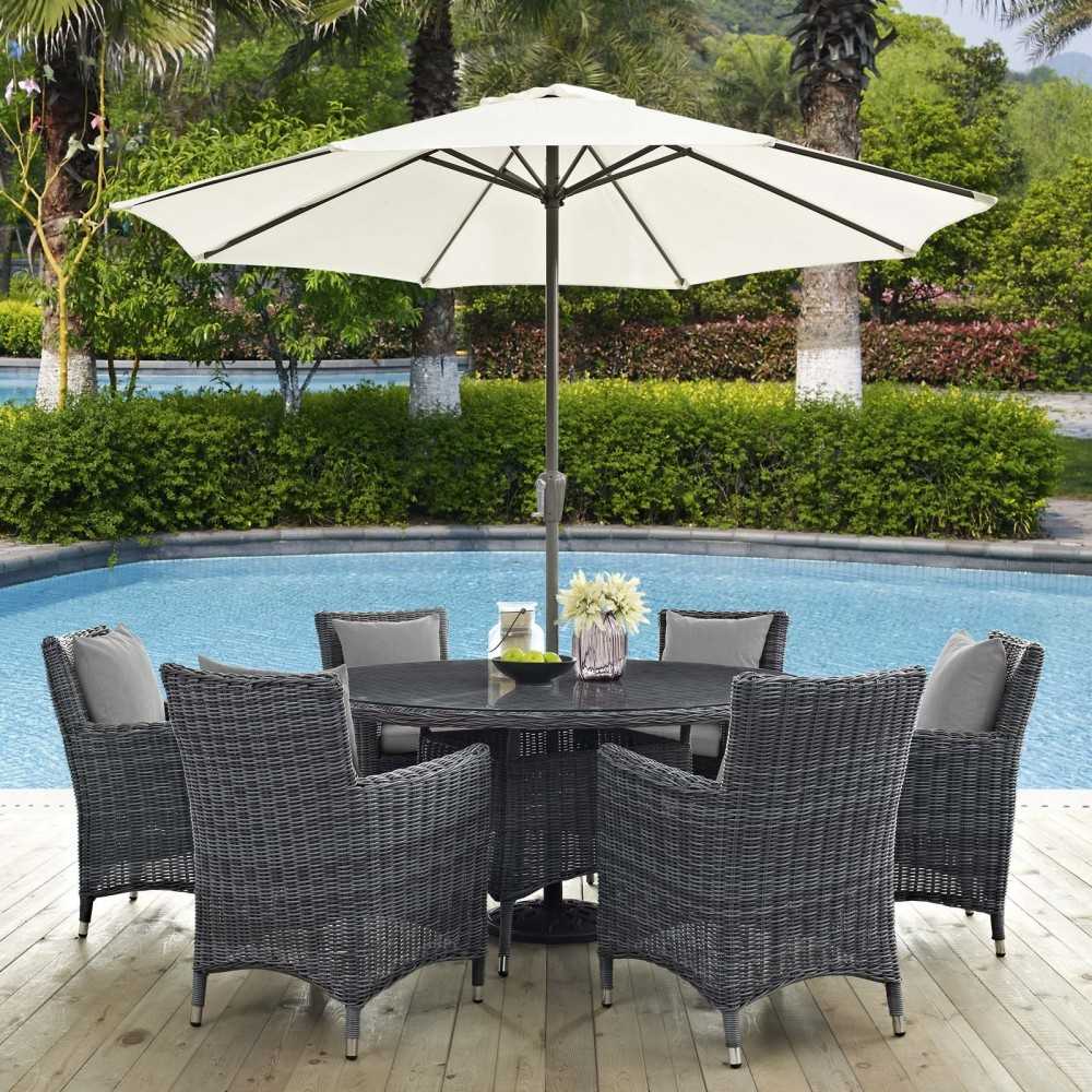 Summon 8 Piece Outdoor Patio Sunbrella Dining Set, Canvas Gray