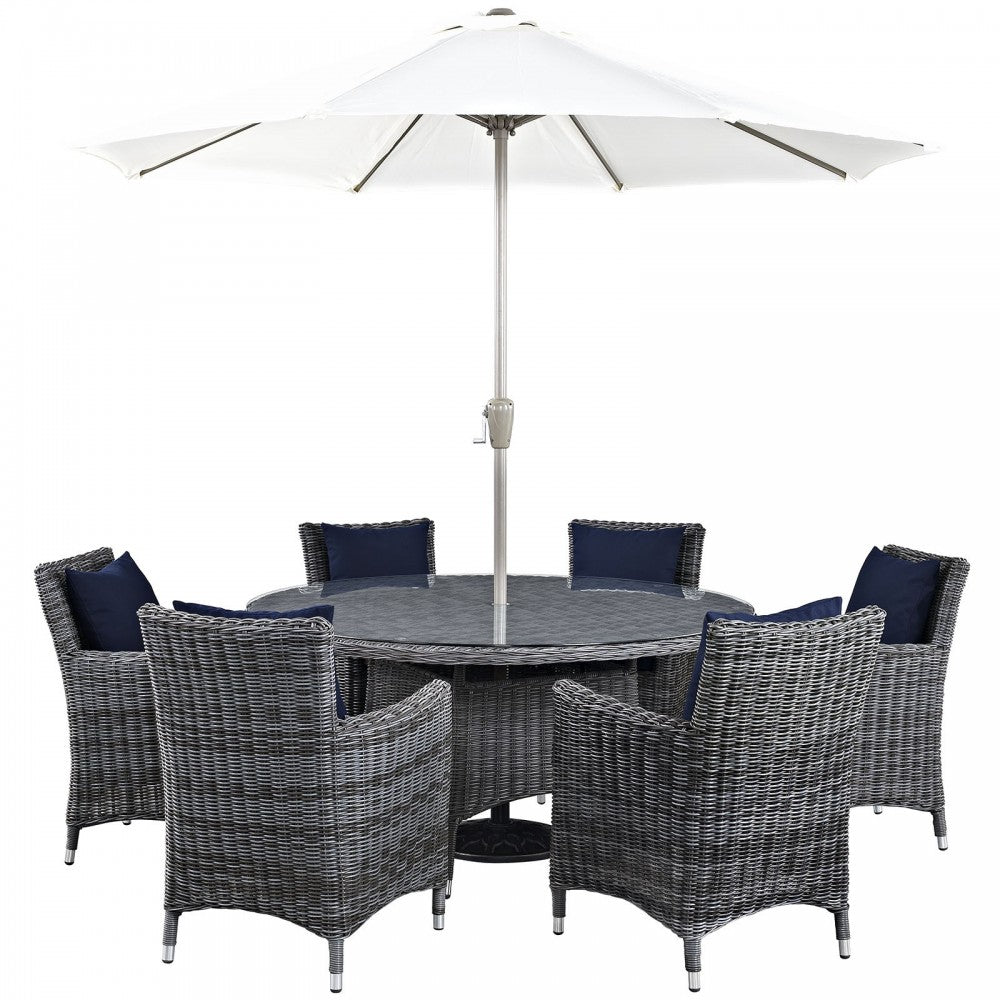 Summon 8 Piece Outdoor Patio Sunbrella Dining Set, Canvas Navy
