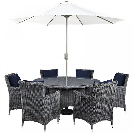 Summon 8 Piece Outdoor Patio Sunbrella Dining Set, Canvas Navy