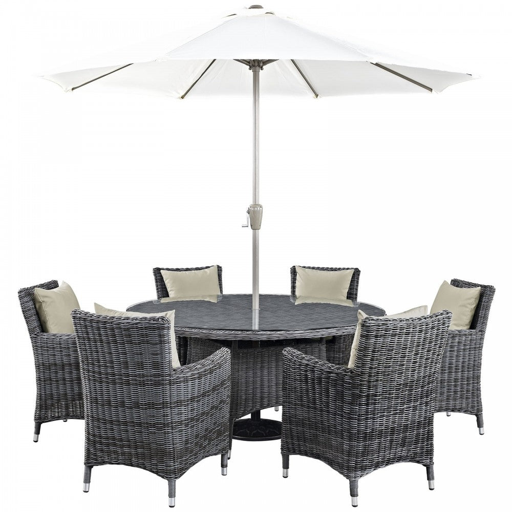 Summon 8 Piece Outdoor Patio Sunbrella Dining Set, Antique Canvas Beige