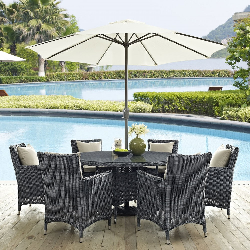 Summon 8 Piece Outdoor Patio Sunbrella Dining Set, Antique Canvas Beige
