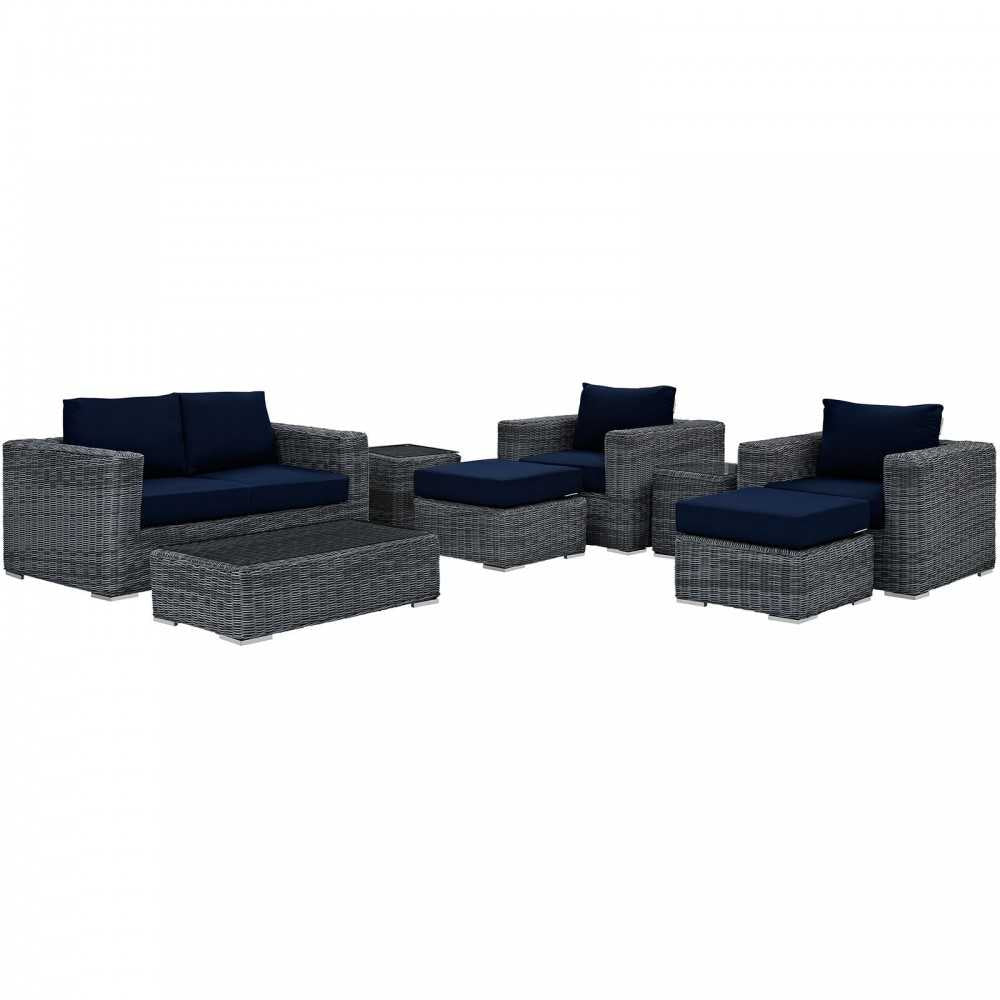 Summon 8 Piece Outdoor Patio Sunbrella Sectional Set, Canvas Navy, EEI-1894-GRY-NAV-SET