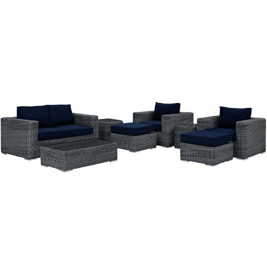 Summon 8 Piece Outdoor Patio Sunbrella Sectional Set, Canvas Navy, EEI-1894-GRY-NAV-SET