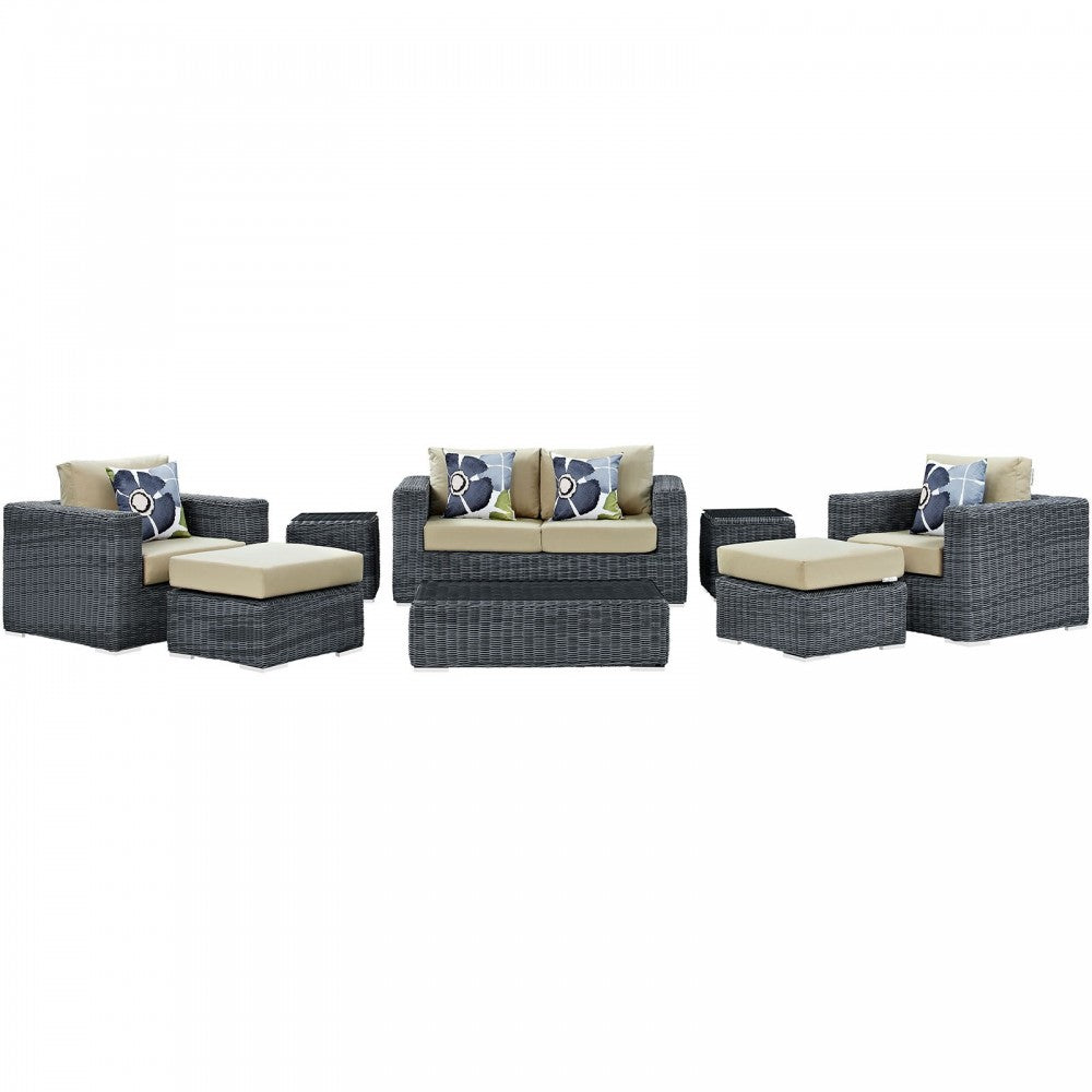 Summon 8 Piece Outdoor Patio Sunbrella Sectional Set, Canvas Antique Beige, EEI-2389-GRY-BEI-SET