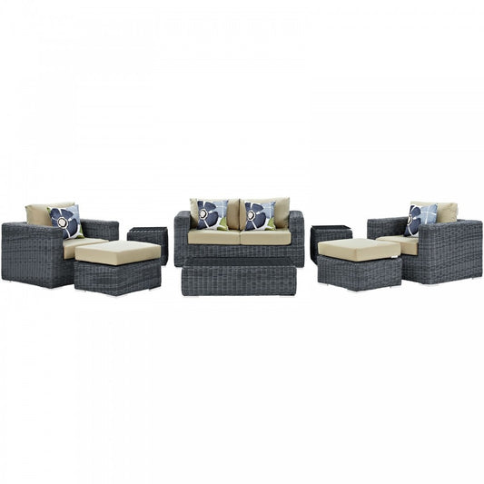 Summon 8 Piece Outdoor Patio Sunbrella Sectional Set, Canvas Antique Beige, EEI-2389-GRY-BEI-SET