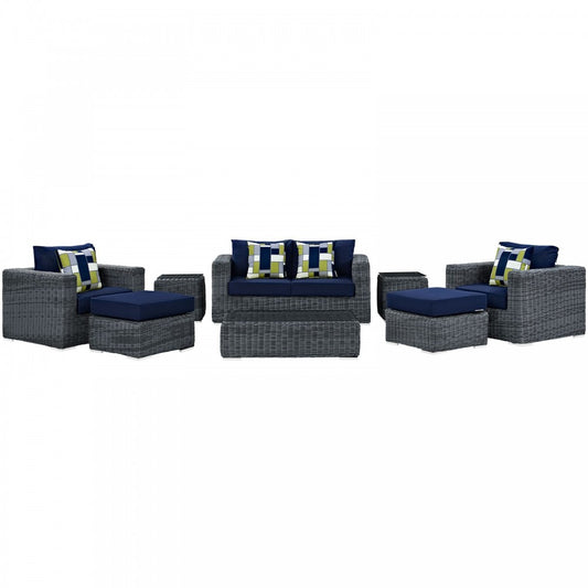 Summon 8 Piece Outdoor Patio Sunbrella Sectional Set, Canvas Navy, EEI-2389-GRY-NAV-SET