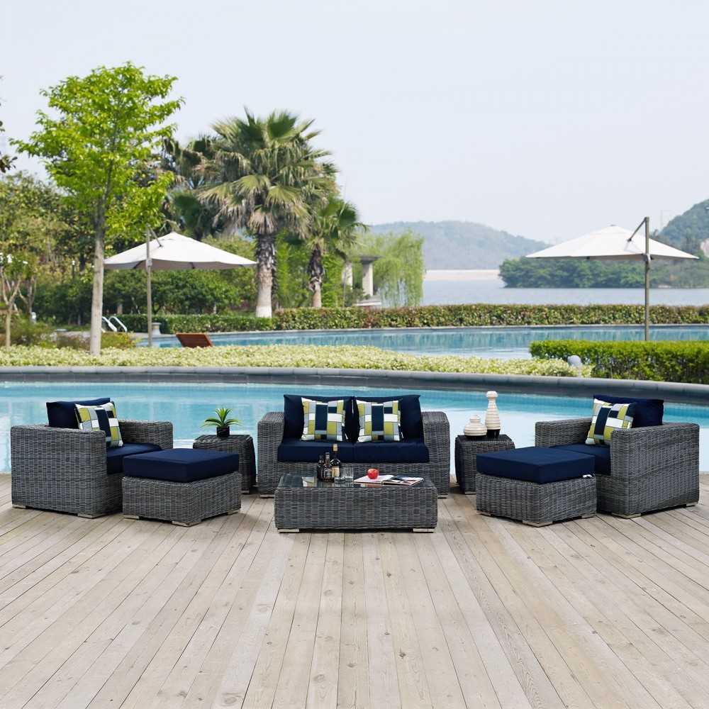Summon 8 Piece Outdoor Patio Sunbrella Sectional Set, Canvas Navy, EEI-2389-GRY-NAV-SET