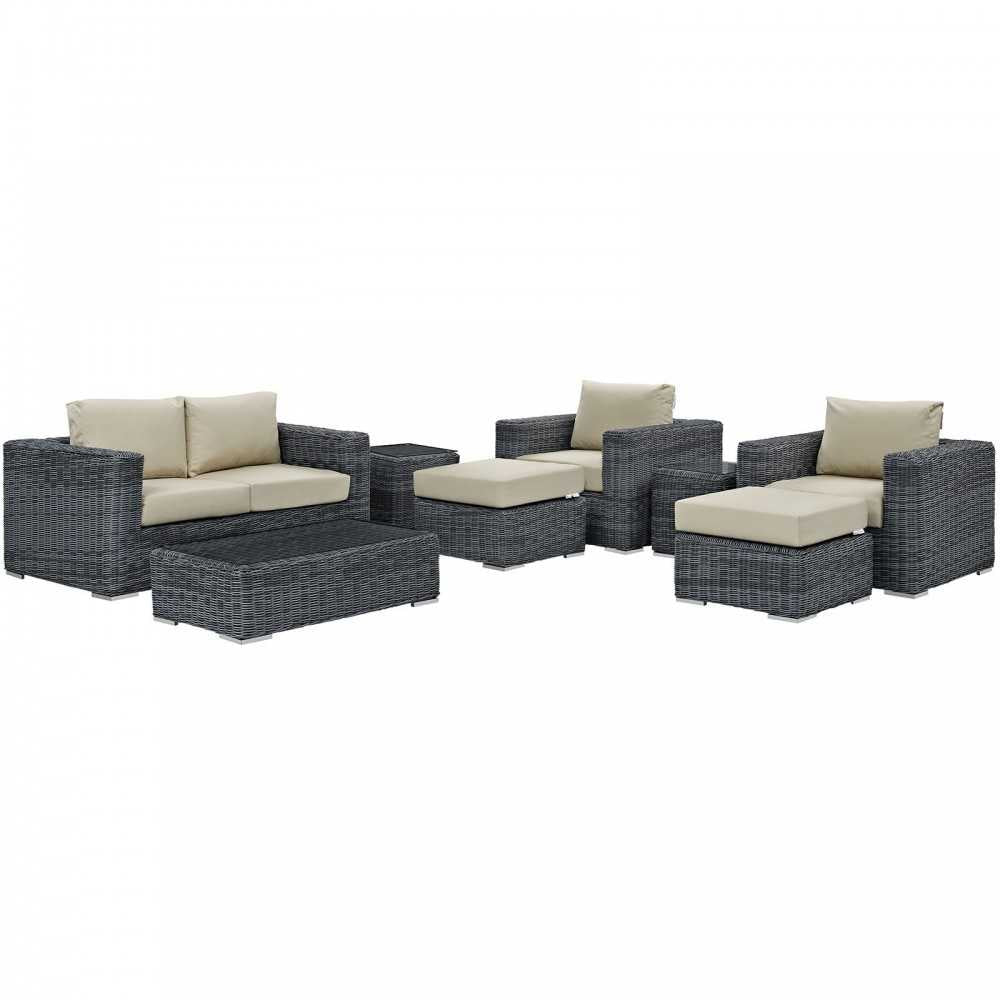 Summon 8 Piece Outdoor Patio Sunbrella Sectional Set, Canvas Antique Beige, EEI-1894-GRY-BEI-SET
