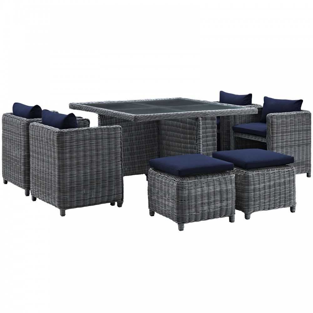 Summon 9 Piece Outdoor Patio Sunbrella Dining Set, Canvas Navy, EEI-1947-GRY-NAV-SET