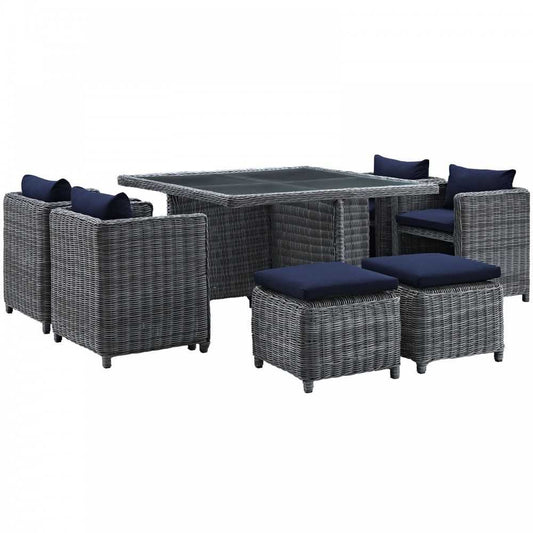 Summon 9 Piece Outdoor Patio Sunbrella Dining Set, Canvas Navy, EEI-1947-GRY-NAV-SET