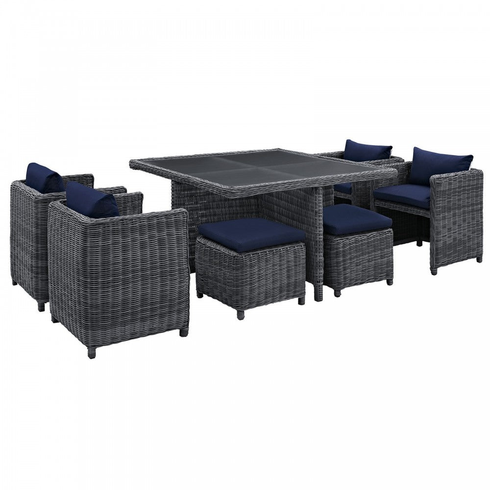 Summon 9 Piece Outdoor Patio Sunbrella Dining Set, Canvas Navy, EEI-1947-GRY-NAV-SET