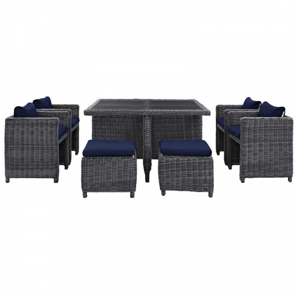 Summon 9 Piece Outdoor Patio Sunbrella Dining Set, Canvas Navy, EEI-1947-GRY-NAV-SET