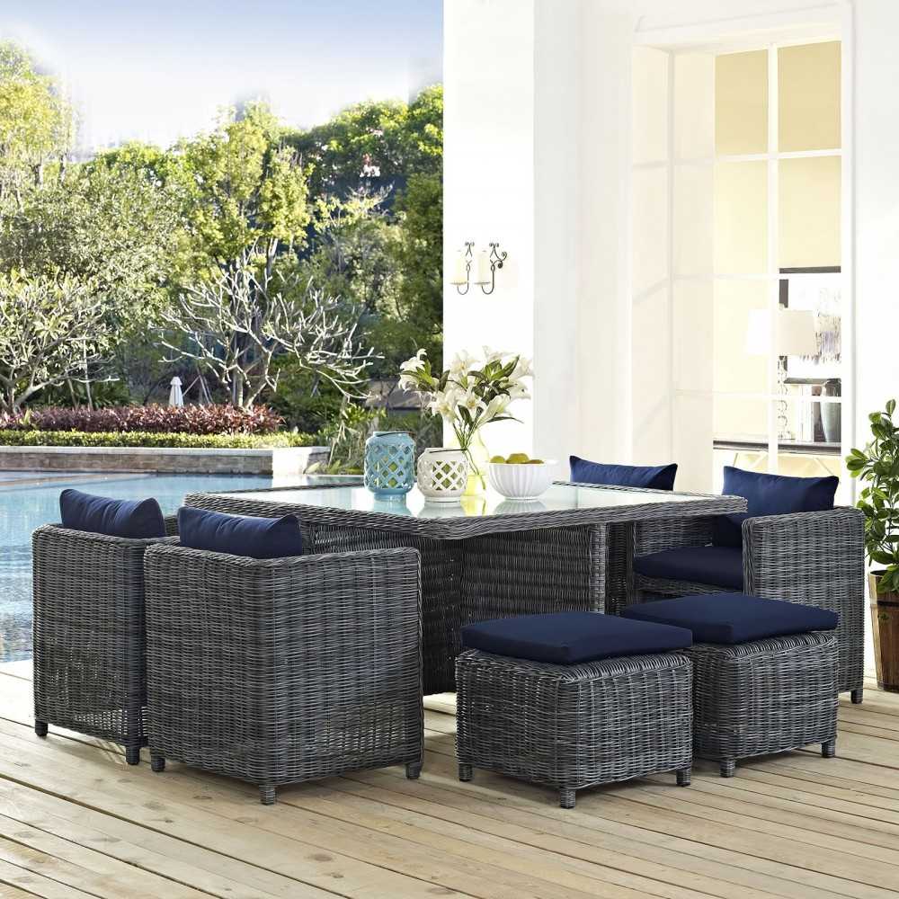 Summon 9 Piece Outdoor Patio Sunbrella Dining Set, Canvas Navy, EEI-1947-GRY-NAV-SET