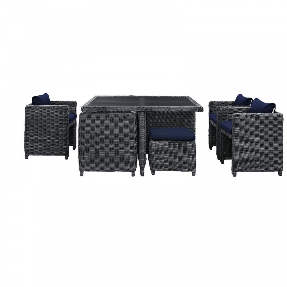 Summon 9 Piece Outdoor Patio Sunbrella Dining Set, Canvas Navy, EEI-1947-GRY-NAV-SET