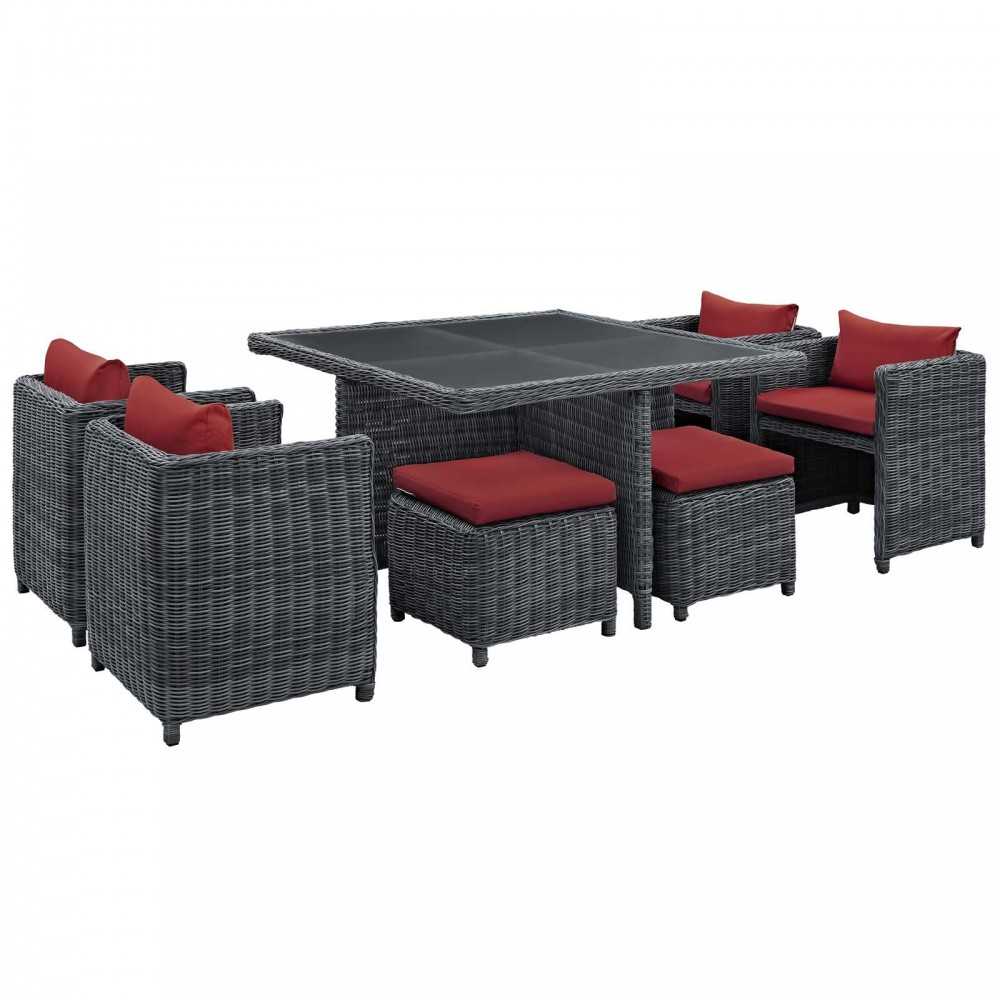 Summon 9 Piece Outdoor Patio Sunbrella Dining Set, Canvas Red, EEI-1947-GRY-RED-SET