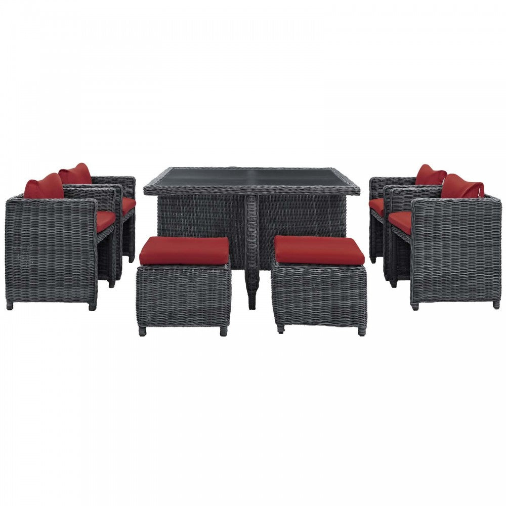 Summon 9 Piece Outdoor Patio Sunbrella Dining Set, Canvas Red, EEI-1947-GRY-RED-SET
