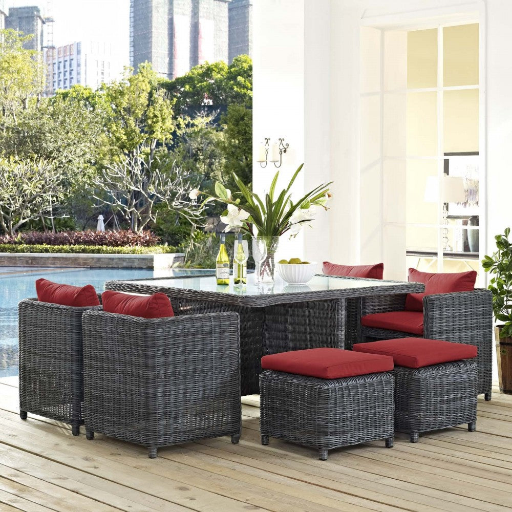 Summon 9 Piece Outdoor Patio Sunbrella Dining Set, Canvas Red, EEI-1947-GRY-RED-SET