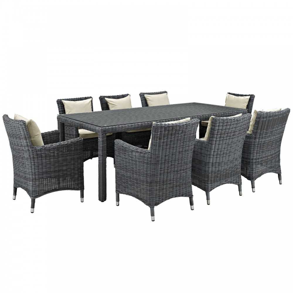 Summon 9 Piece Outdoor Patio Sunbrella Dining Set, Antique Canvas Beige, EEI-2331-GRY-BEI-SET