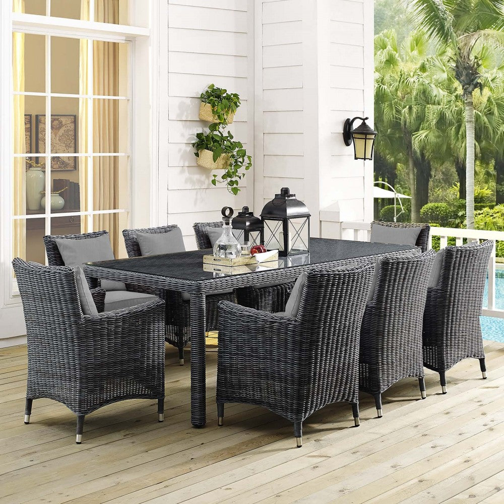 Summon 9 Piece Outdoor Patio Sunbrella Dining Set, Canvas Gray, EEI-2331-GRY-GRY-SET