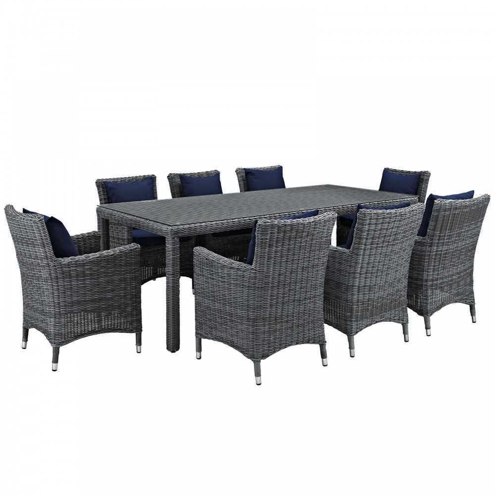 Summon 9 Piece Outdoor Patio Sunbrella Dining Set, Canvas Navy, EEI-2331-GRY-NAV-SET