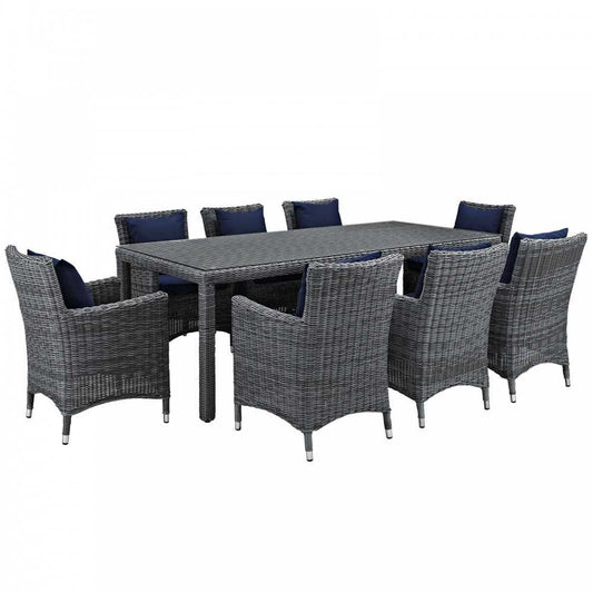 Summon 9 Piece Outdoor Patio Sunbrella Dining Set, Canvas Navy, EEI-2331-GRY-NAV-SET