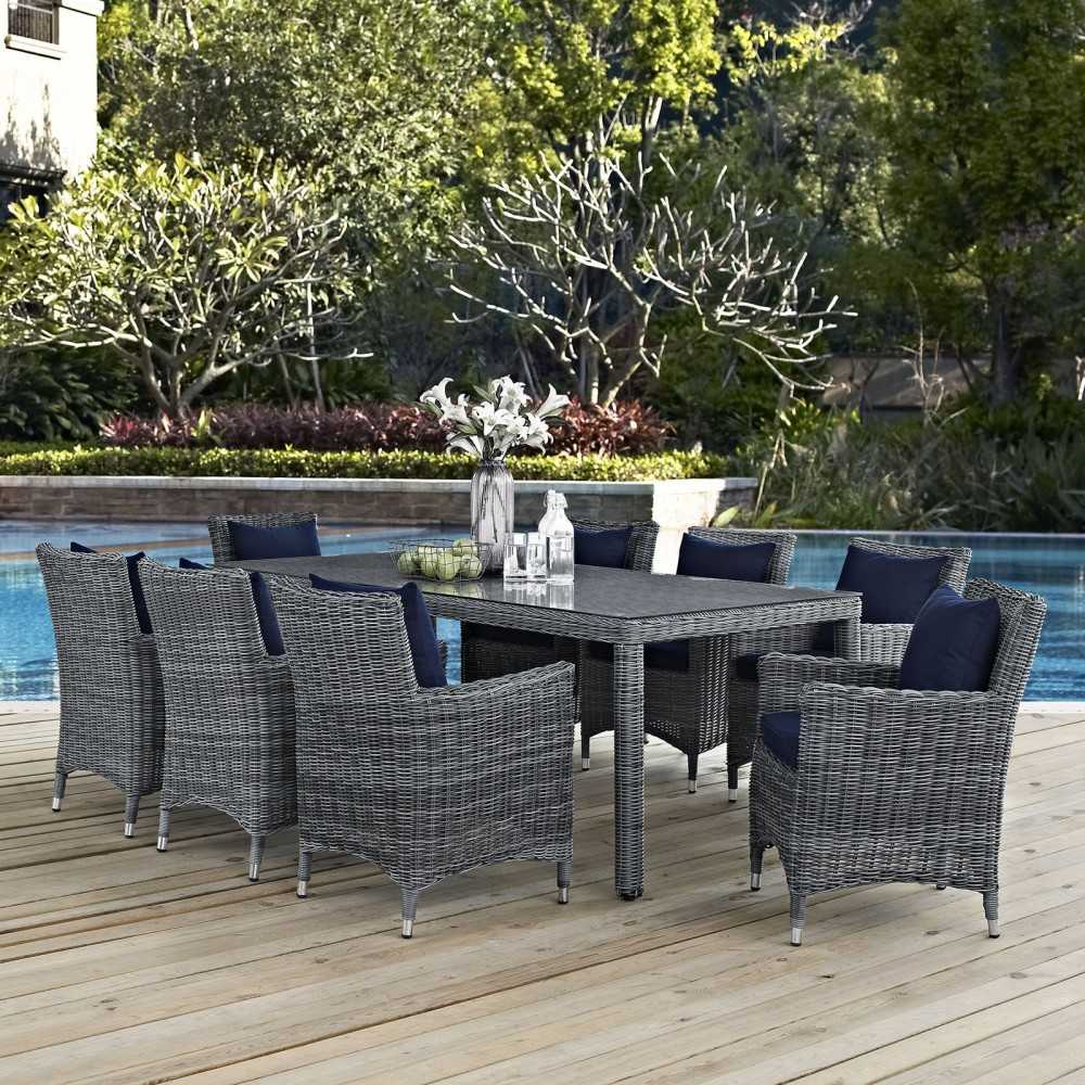 Summon 9 Piece Outdoor Patio Sunbrella Dining Set, Canvas Navy, EEI-2331-GRY-NAV-SET