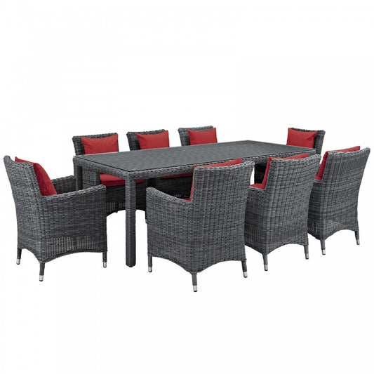 Summon 9 Piece Outdoor Patio Sunbrella Dining Set, Canvas Red, EEI-2331-GRY-RED-SET