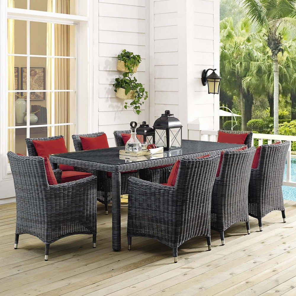 Summon 9 Piece Outdoor Patio Sunbrella Dining Set, Canvas Red, EEI-2331-GRY-RED-SET