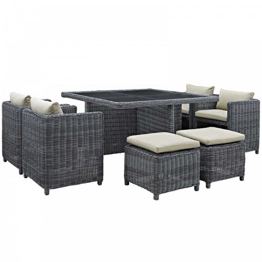 Summon 9 Piece Outdoor Patio Sunbrella Dining Set, Antique Canvas Beige, EEI-1947-GRY-BEI-SET