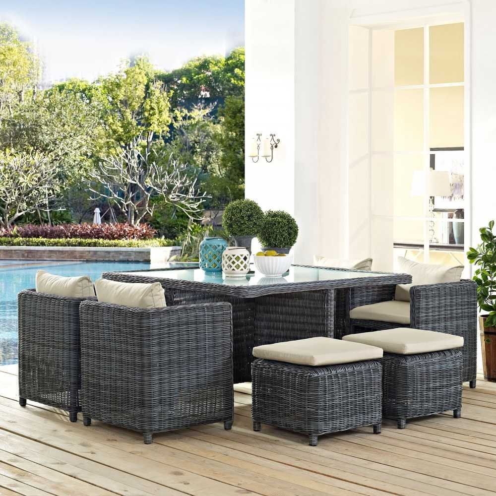 Summon 9 Piece Outdoor Patio Sunbrella Dining Set, Antique Canvas Beige, EEI-1947-GRY-BEI-SET