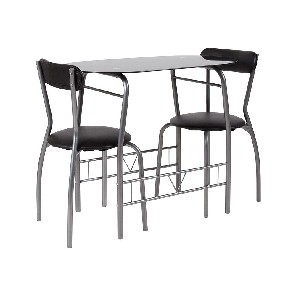 Sutton 3 Piece Space-Saver Bistro Set with Black Glass Top Table and Black Vinyl Padded Chairs