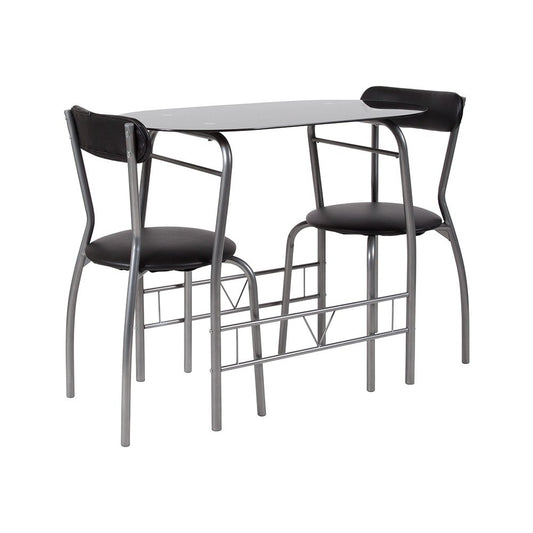 Sutton 3 Piece Space-Saver Bistro Set with Black Glass Top Table and Black Vinyl Padded Chairs