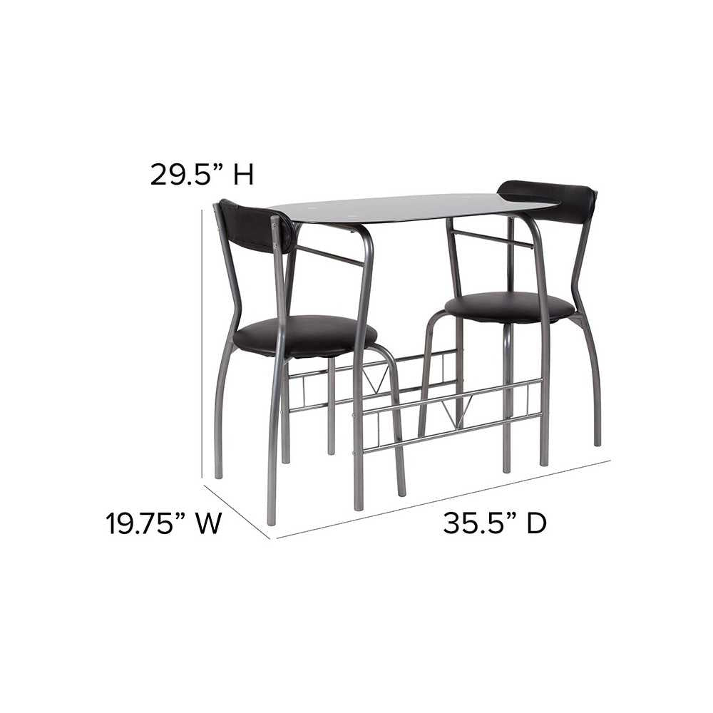 Sutton 3 Piece Space-Saver Bistro Set with Black Glass Top Table and Black Vinyl Padded Chairs