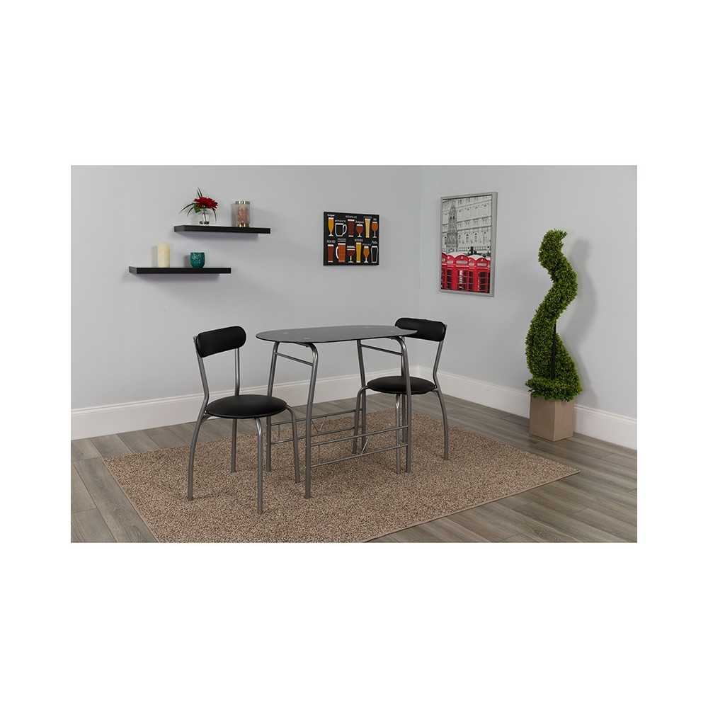 Sutton 3 Piece Space-Saver Bistro Set with Black Glass Top Table and Black Vinyl Padded Chairs