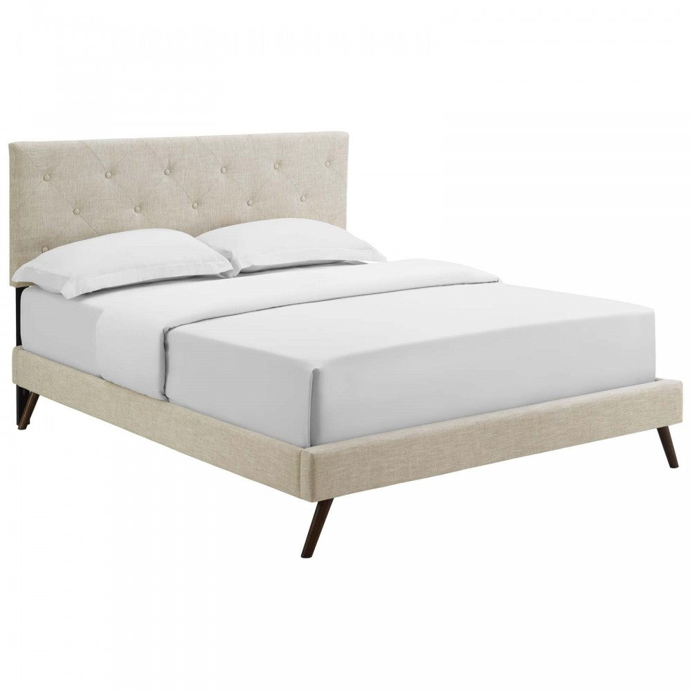 Tarah King Fabric Platform Bed with Round Splayed Legs, Beige