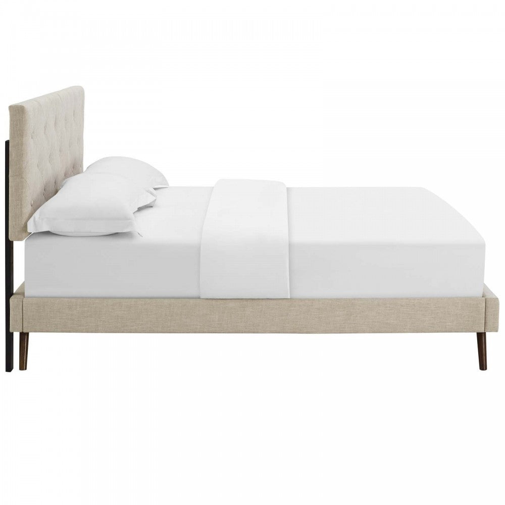 Tarah King Fabric Platform Bed with Round Splayed Legs, Beige