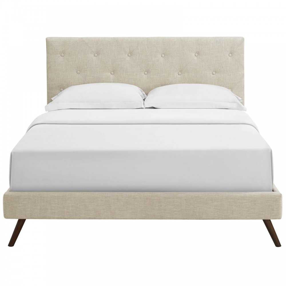 Tarah King Fabric Platform Bed with Round Splayed Legs, Beige