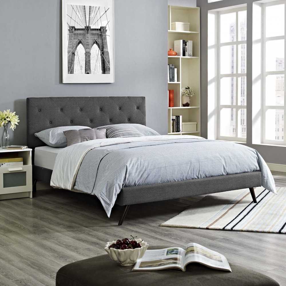 Tarah King Fabric Platform Bed with Round Splayed Legs, Gray