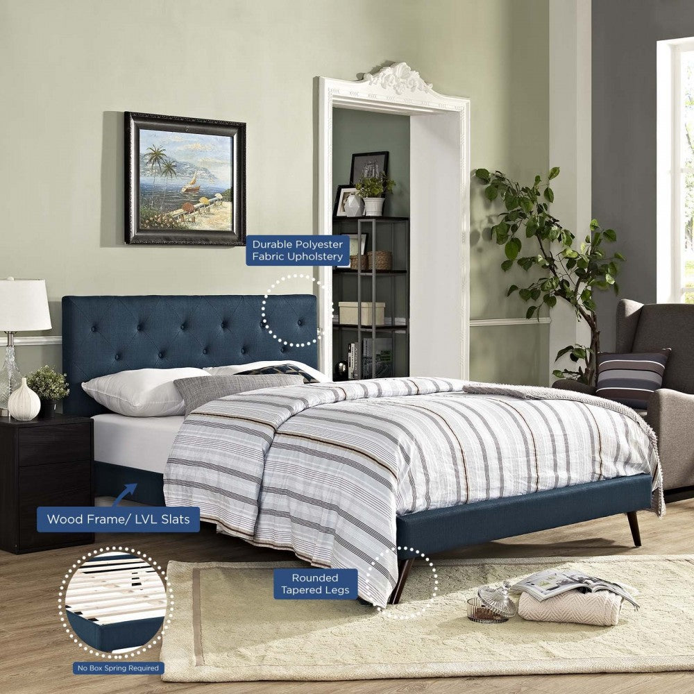 Tarah King Fabric Platform Bed with Round Splayed Legs, Azure